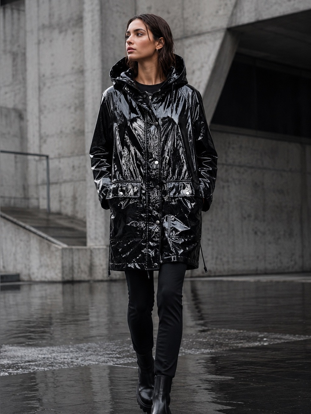 PAM & GELA Whimsigoth Black Hooded Faux Leather Lightweight Parka, One Size